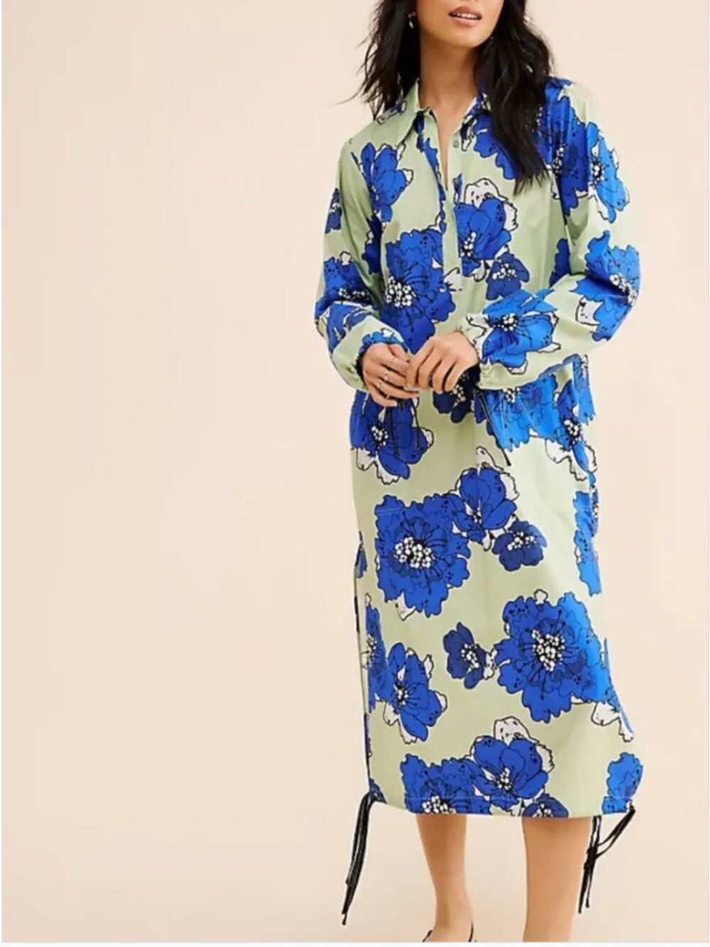 Anthropologie Dhruv Kapoor Floral Midi Shirtdress Cotton Blue Green Dress size M